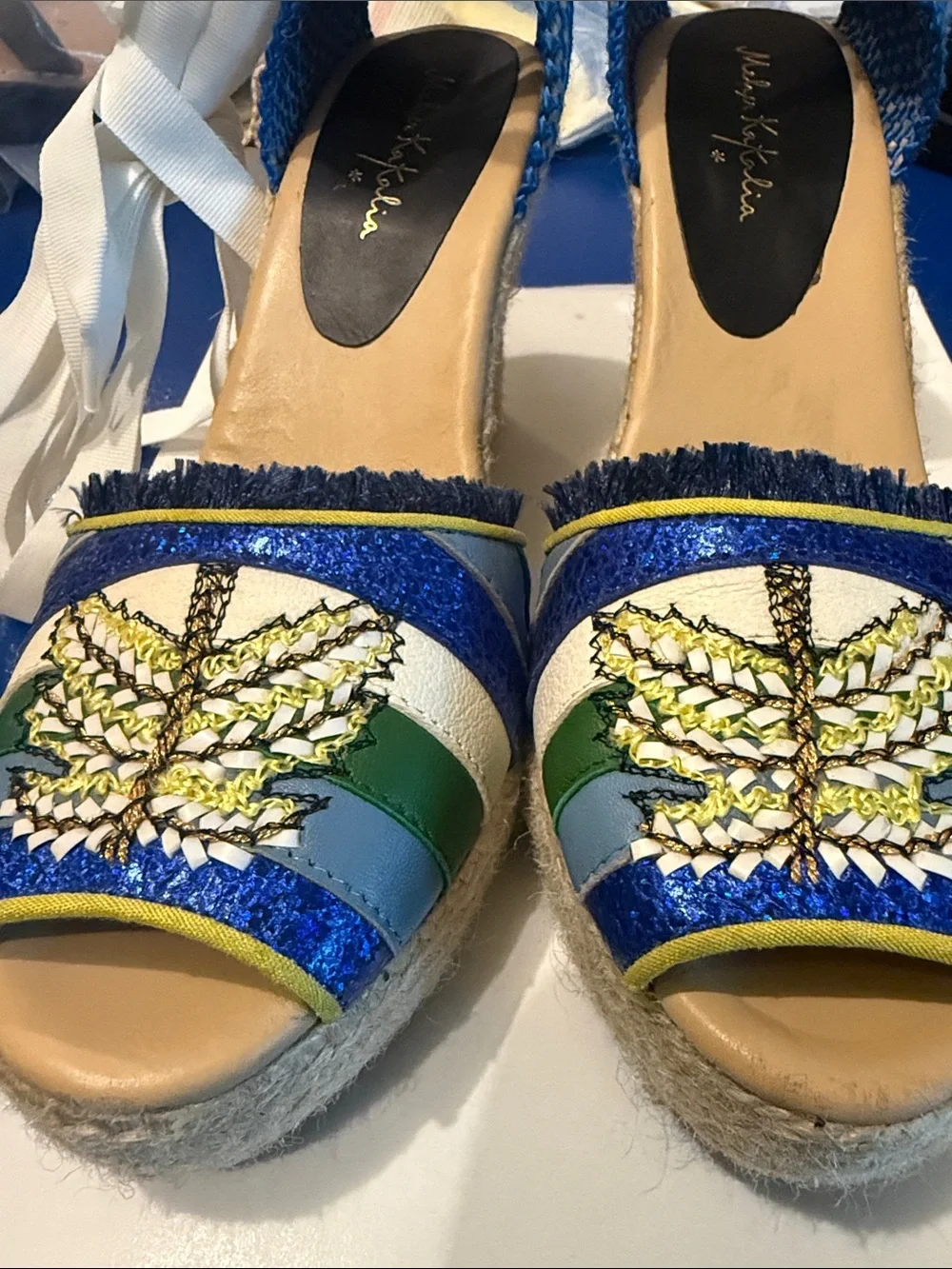 Meher Kakalia Wedge Sandals Espadrille Blue Green Embroidered Butterfly EU 39